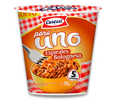 paquete para uno con pasta espirales y salsa bolognesa carozzi