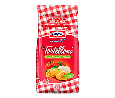 pasta tortelloni sabor tomate, mozzarella y albahaca de la marca carozzi