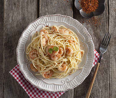 spaghetti con camarones al pil pil