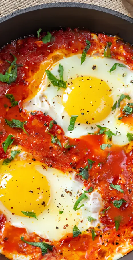 sarten con huevos servidos en salsa pomarola casera